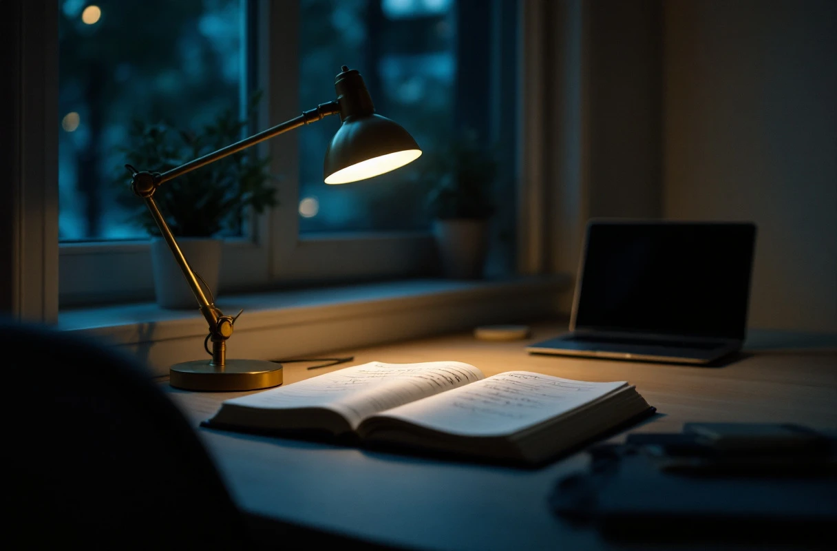 A quiet practice office desk by a window with an open notebook and a desk lamp.