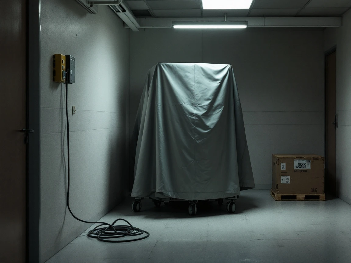A large piece of clinical equipment under a fitted dust cover in a clinic storeroom.