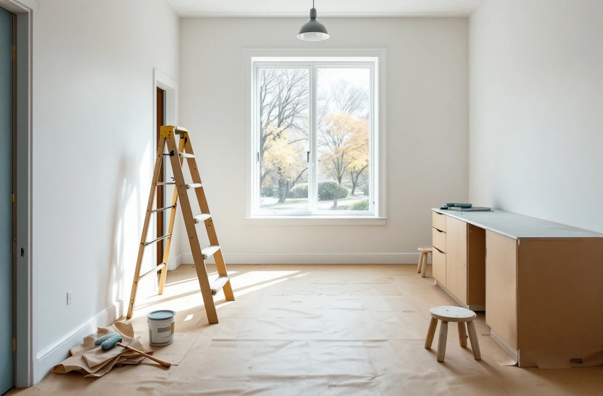 A bright clinic consulting room mid fit-out, with protective paper on the floor and new cabinetry still wrapped.
