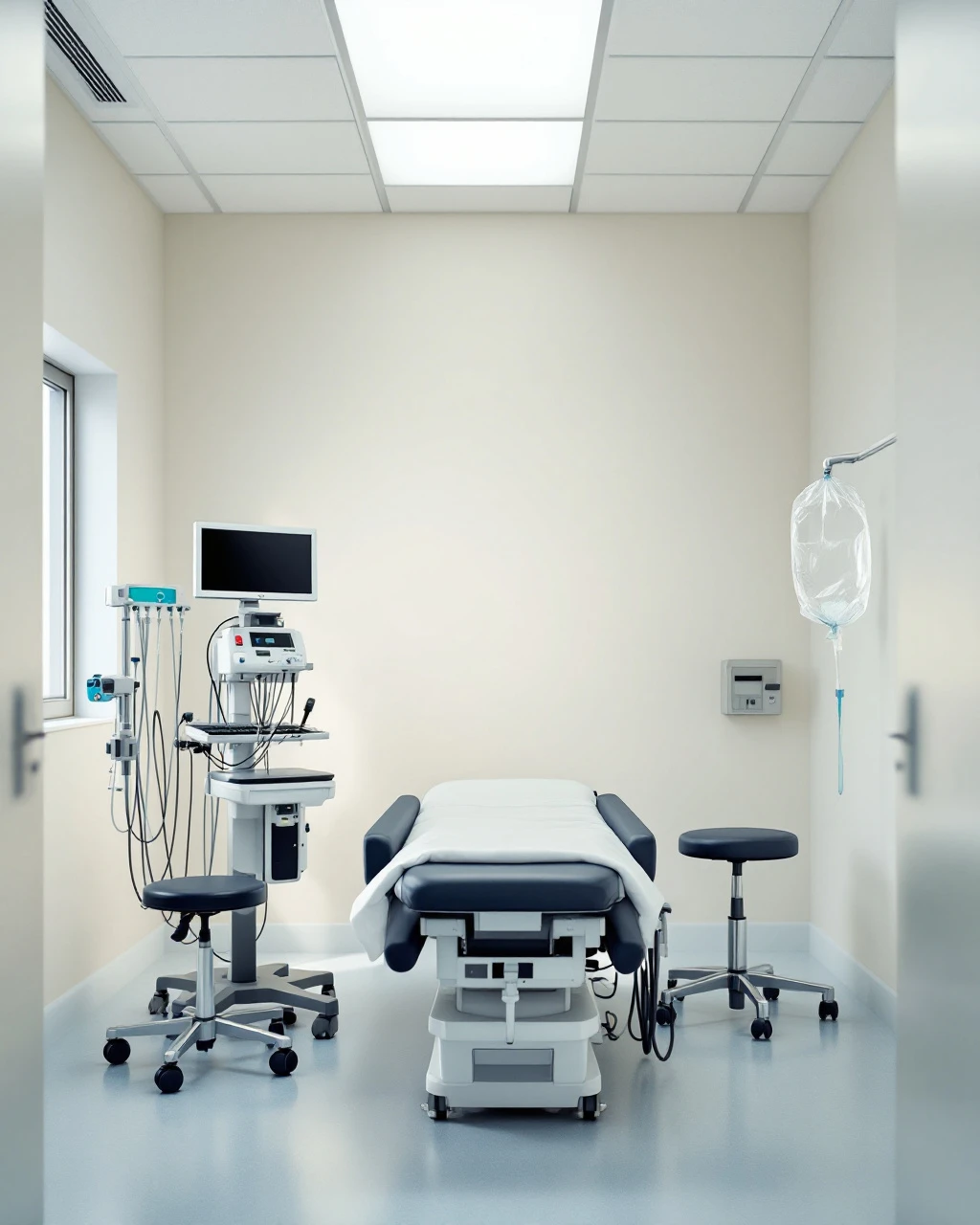 An empty urology endoscopy suite in calm daylight, procedure table and endoscopy tower ready for the list.