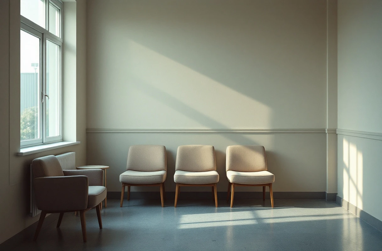 An empty clinic waiting area in early-morning light, chairs aligned along a wall.