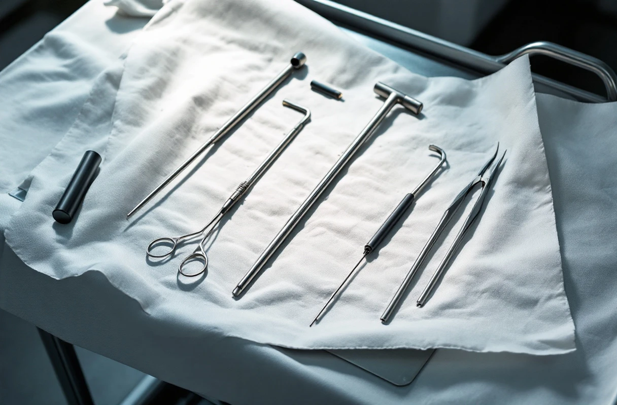 Long rigid endoscopic instruments laid parallel on a sterile drape in a urology procedure room.