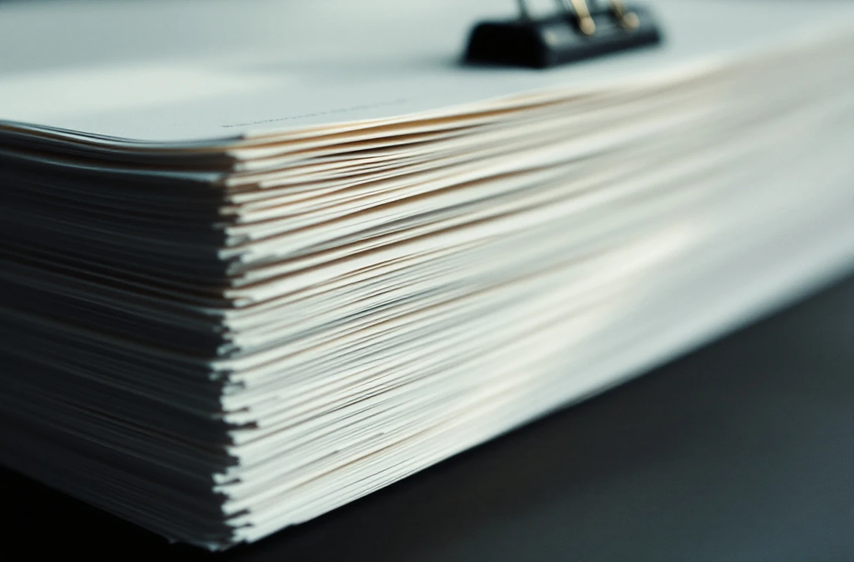 The compressed edges of a thick stack of printed paper held under a bulldog clip.