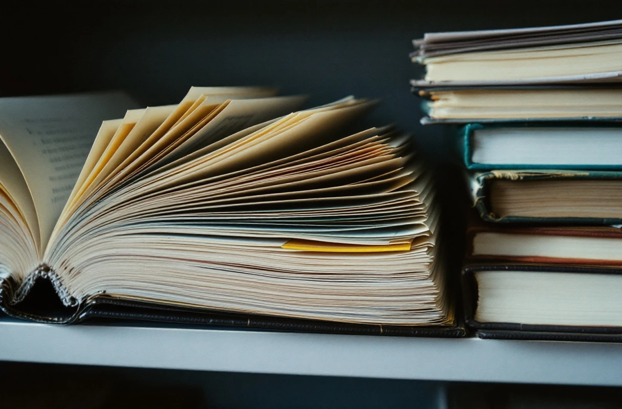 A thick ring binder of policy documents open on a shelf, its tabbed dividers catching the light.
